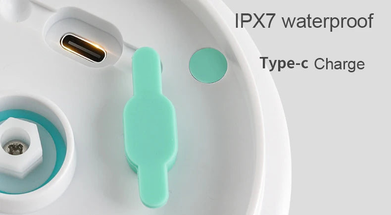 Close-up of a device with IPX7 waterproof and Type-C charge text on a white background