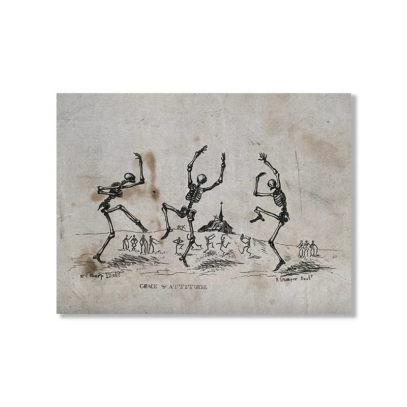 Skeletal figures dancing with a castle in the background on textured paper.