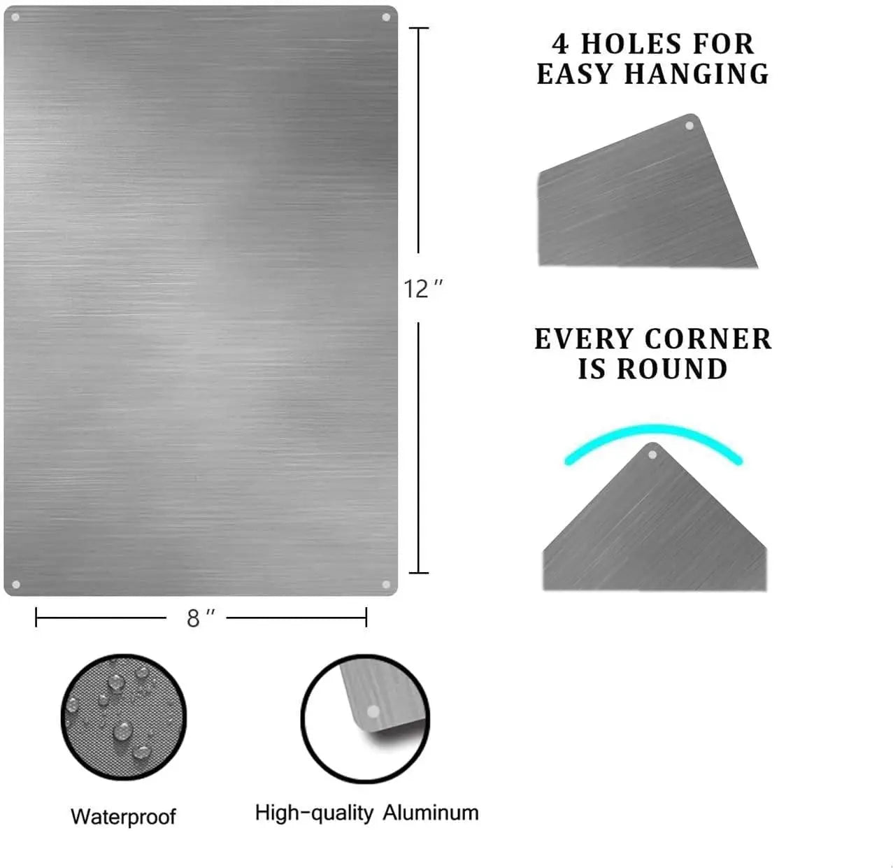 Metal sheet with dimensions and features highlighted on a white background