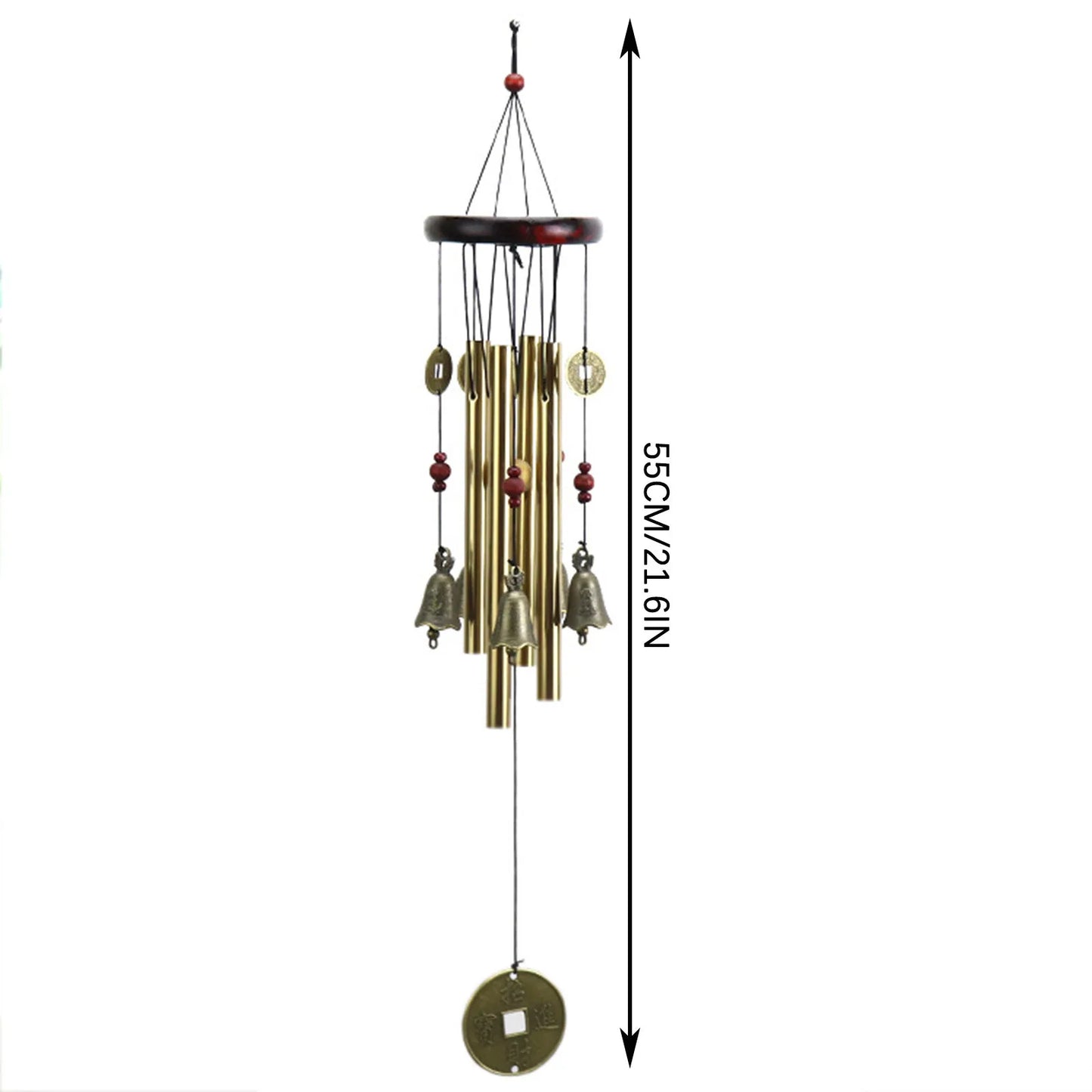 Decorative wind chime with bells and coins, shown with dimensions on a white background