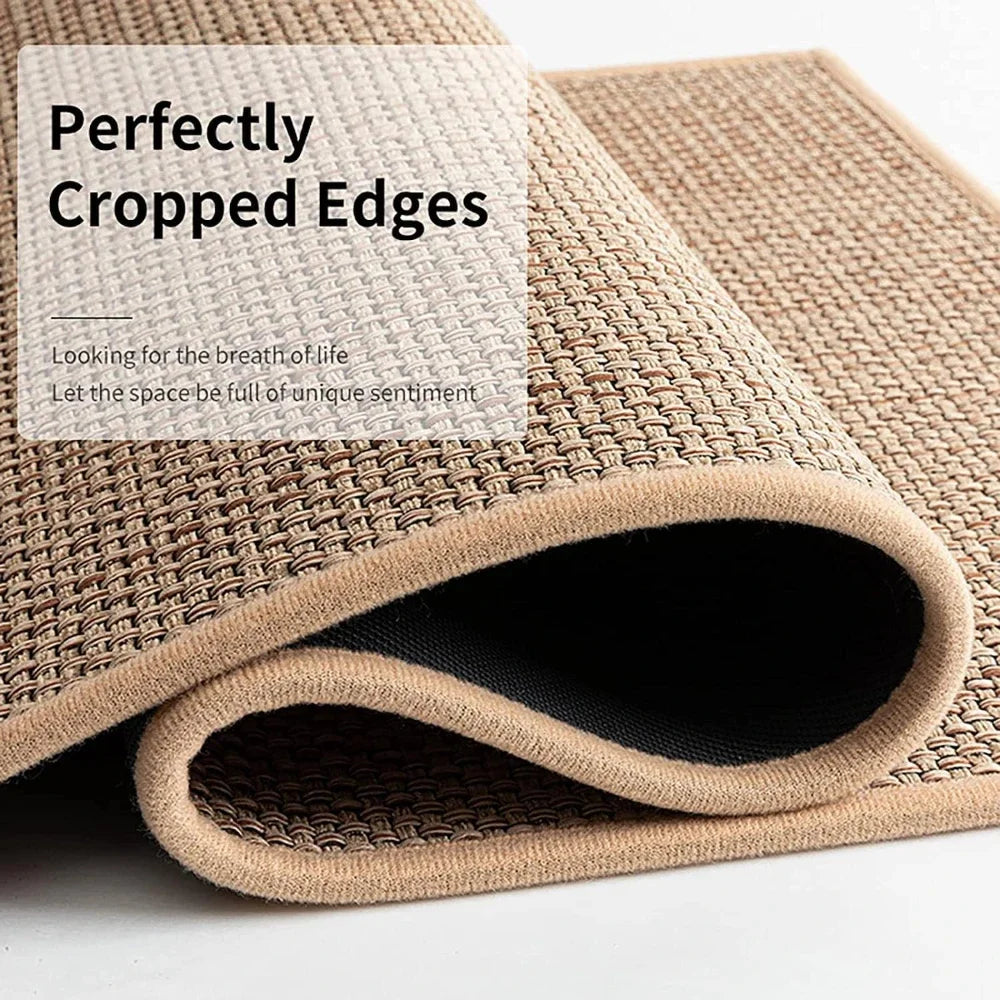 Beige woven mat with text on a white background