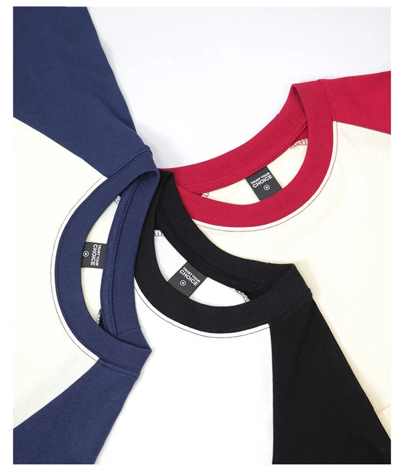 Three shirts in blue, red, and black with visible brand labels on a white background.