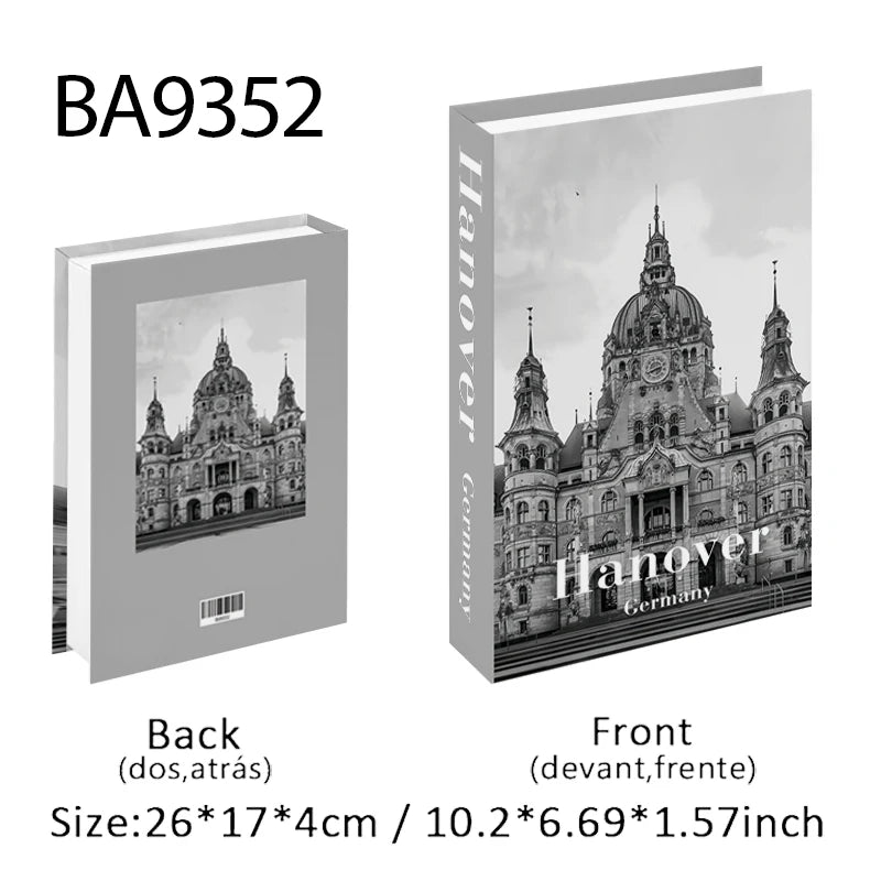 Storage Book with black and white image of a building in Hanover, Germany, on the cover.