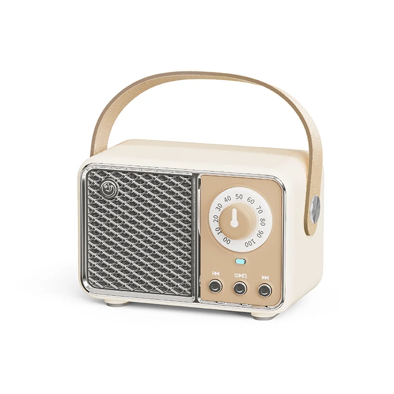 Vintage-style radio with wooden handle on a white background