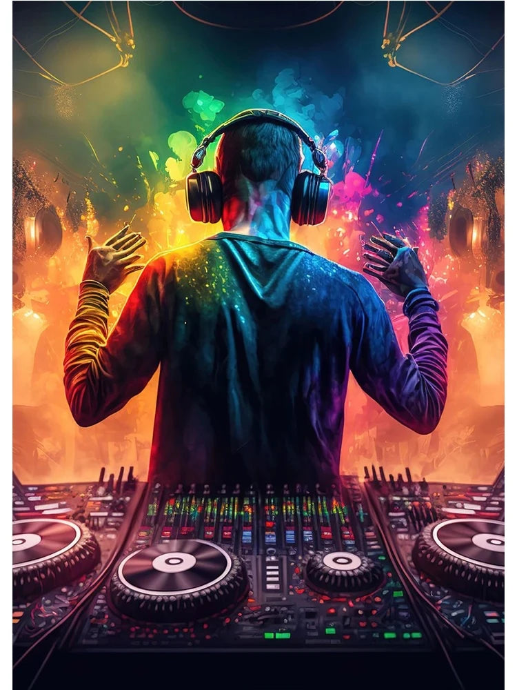 Dj with headphones on a colorful stage with lights