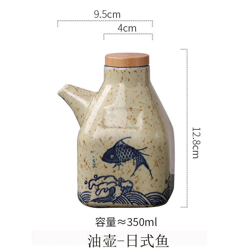 Ceramic bottle with fish design and measurements on a white background