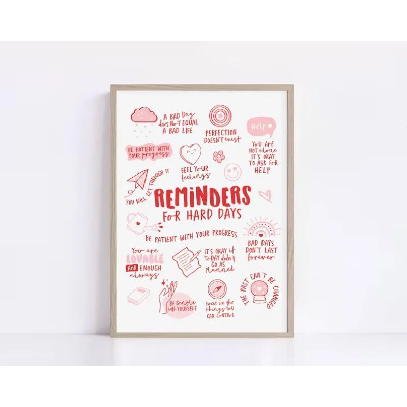 Framed motivational poster with pink text and graphics on a white background