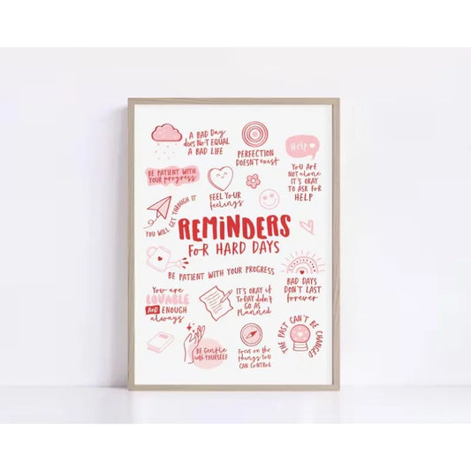 Framed motivational poster with pink text and graphics on a white background