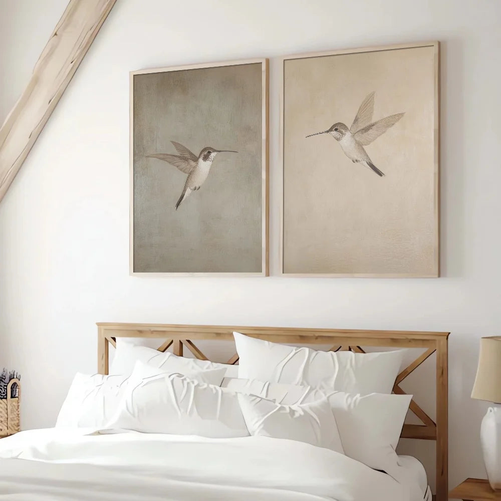 Bedroom with wooden headboard and framed bird artwork on the wall.