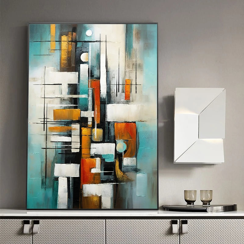 Abstract painting with geometric shapes in a modern interior setting