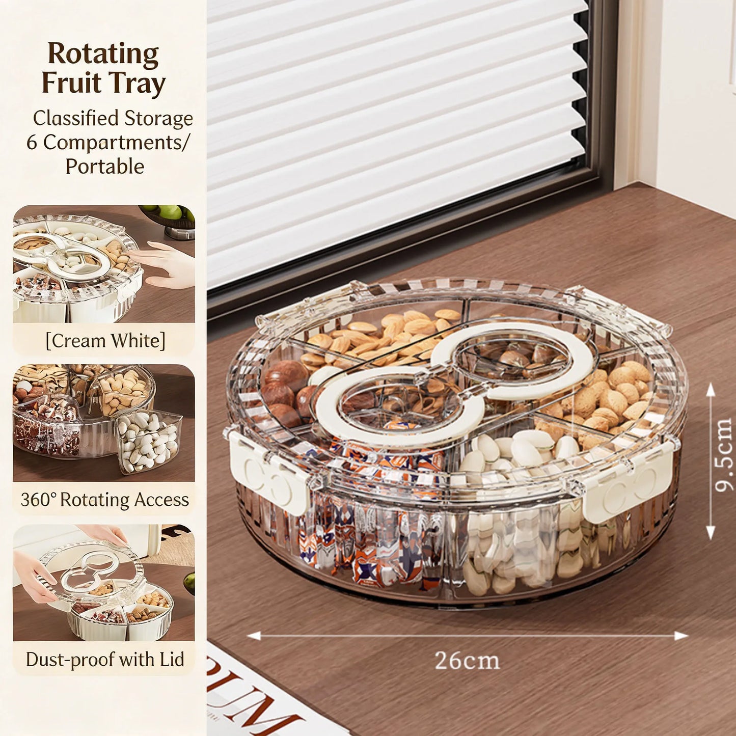 Rotating fruit tray with compartments filled with snacks on a wooden surface.