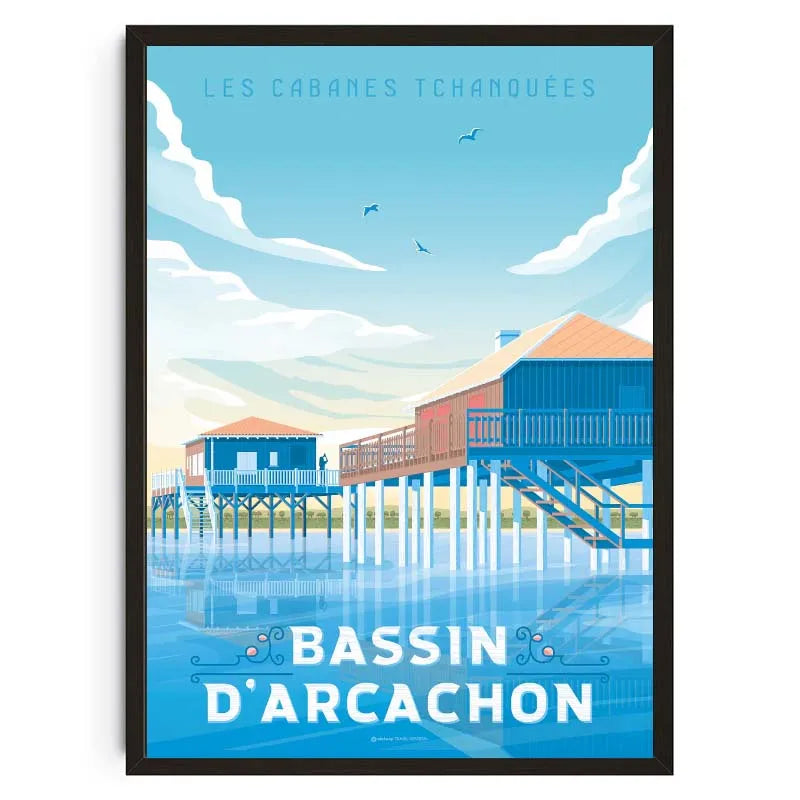 Poster of Bassin d'Arcachon with stilt houses and blue sky.