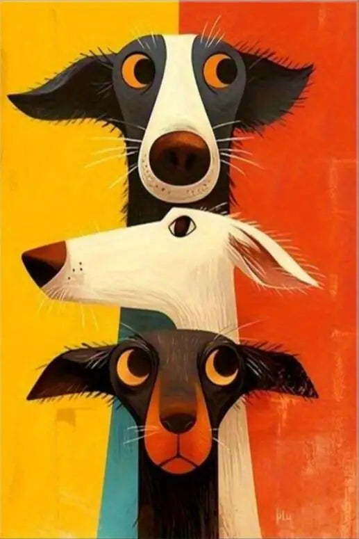 Three stylized dogs stacked on top of each other with a colorful background
