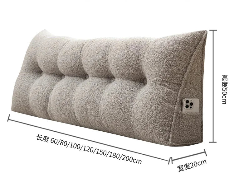 Gray tufted headboard with dimensions on a white background