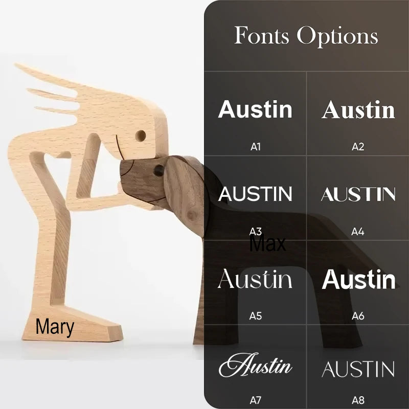 Wooden sculpture of a thinker with 'Austin' and 'Mary' labeled, alongside font style options on a gray background.