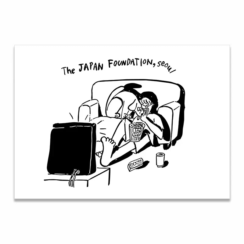 A black and white cartoon art print featuring a couple watching TV together, with the text 'The JAPAN FOUNDATION, SEOUL' written above them.