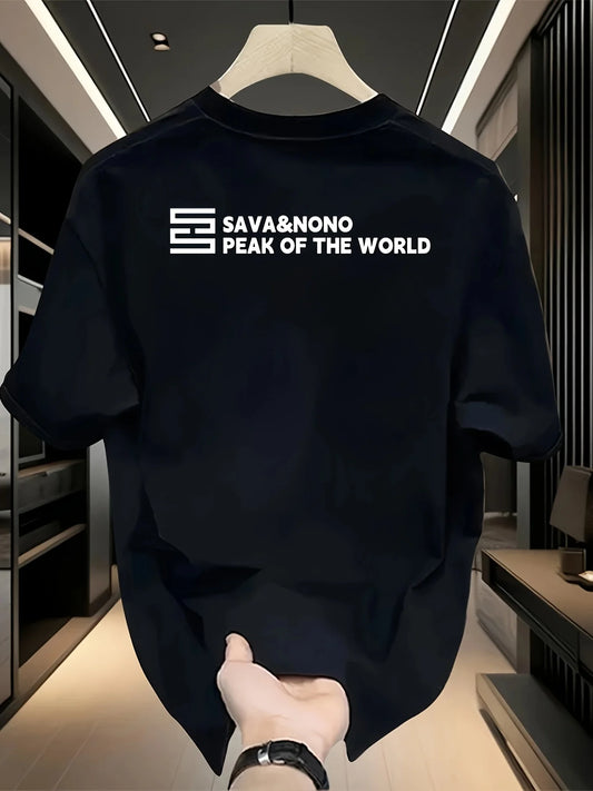 Black t-shirt with 'SAVA&NOVO PEAK OF THE WORLD' text on a hanger.