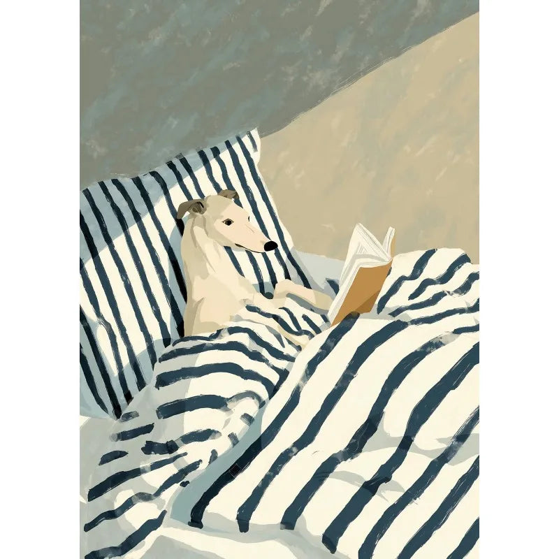 Illustration of a dog lying in bed with striped sheets and reading a book.
