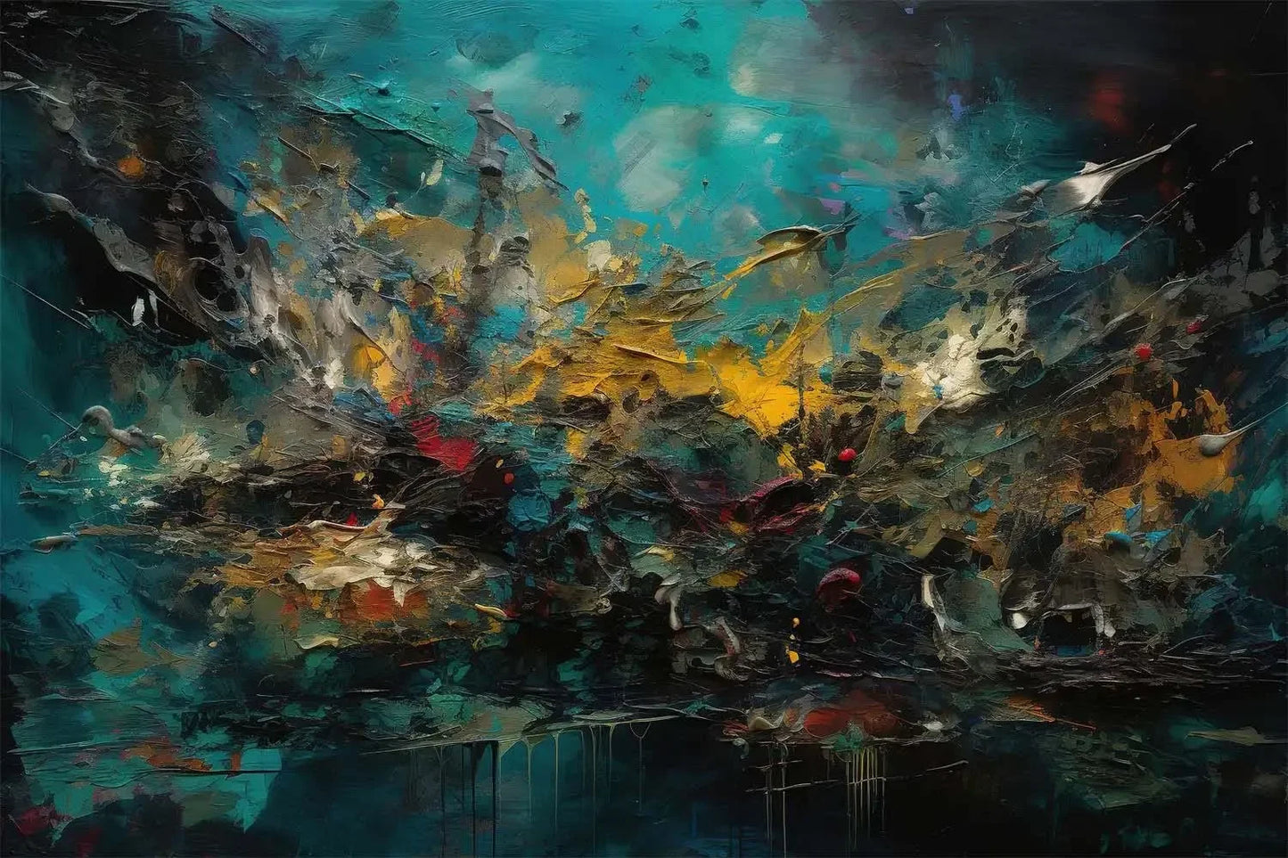 Abstract painting with a mix of colors on a dark background
