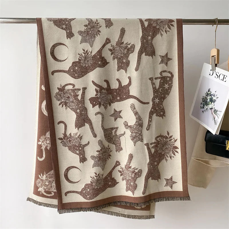 Women’s winter cat print pashmina-style scarf in soft polyester