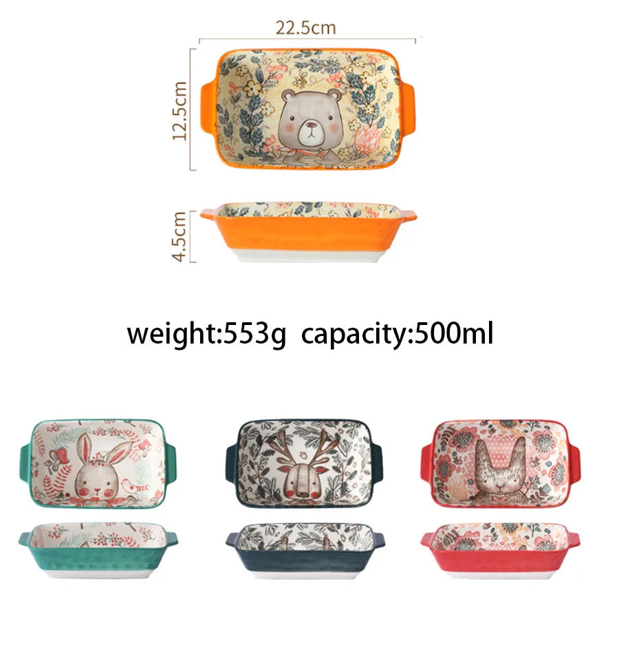 Set of colorful baking dishes with animal patterns and measurements on a white background