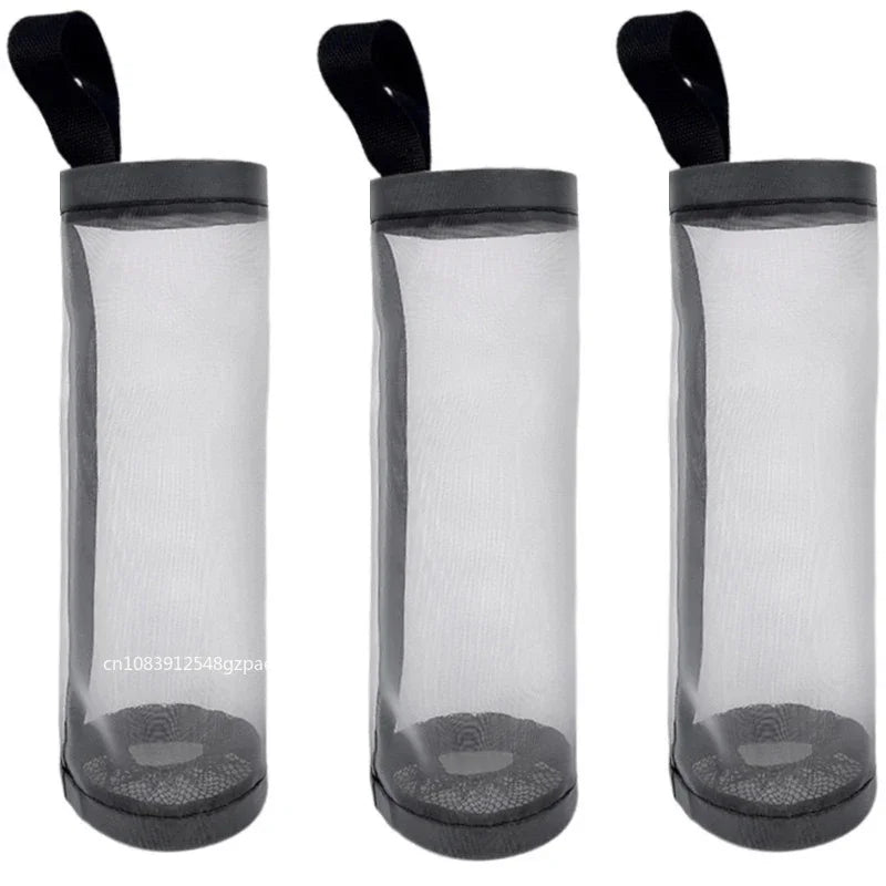 Three transparent mesh bags with black straps on a white background
