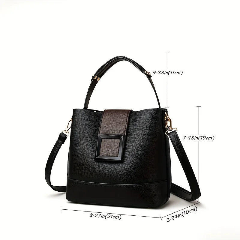 Black handbag with measurements on a white background