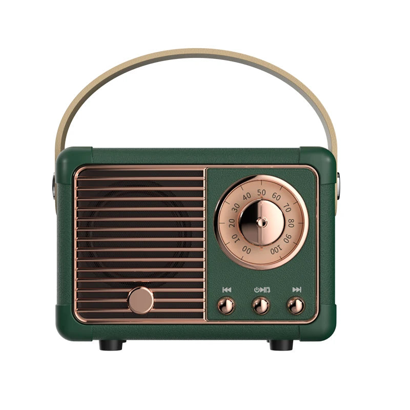 Vintage-style radio with green casing and bronze accents on a white background