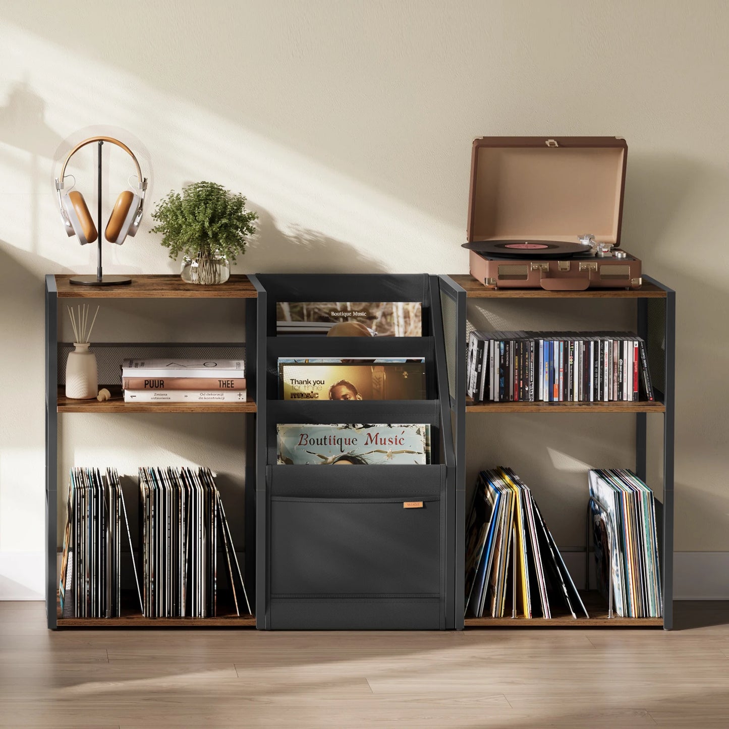 Bookshelf with records, books, and a plant in a room setting