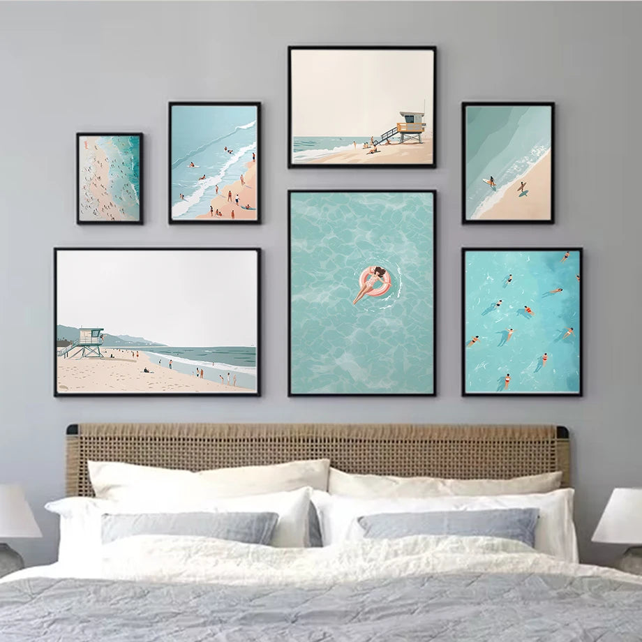 Coastal beach and swimming Nordic-style canvas poster set in soft blue tones