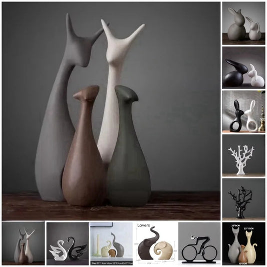 Nordic ceramic animal ornaments in minimalist Scandinavian style, glazed porcelain home decor figurines.