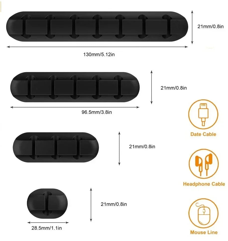 Black cable organizers with measurements and icons indicating their use for date cable, headphone cable, and mouse line.