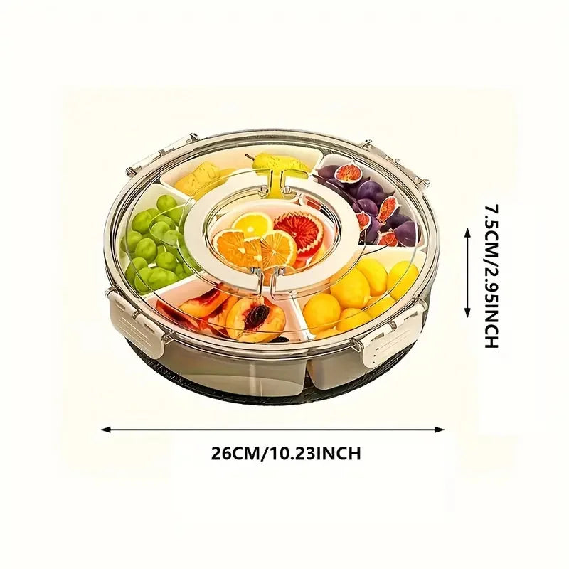 Round fruit platter with compartments filled with fruits and measurements on a white background