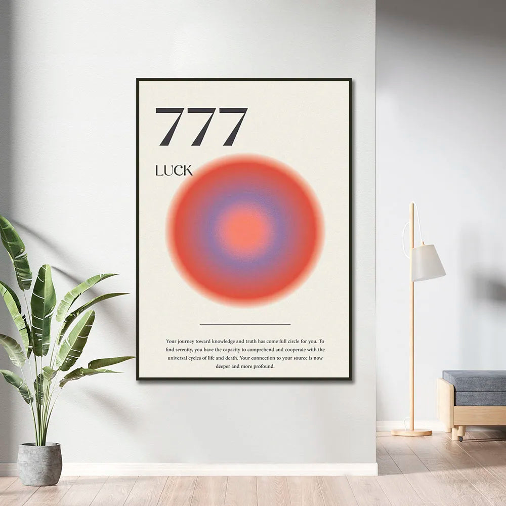 Framed artwork with '777 Luck' design on a wall in a modern room.