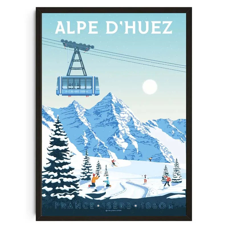 Poster of Alpe d'Huez with a cable car and snowy mountains.