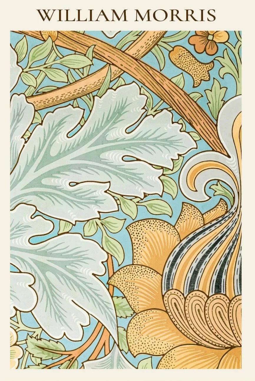 Decorative design with leaves and flowers in a style inspired by William Morris, featuring a prominent 'W'.