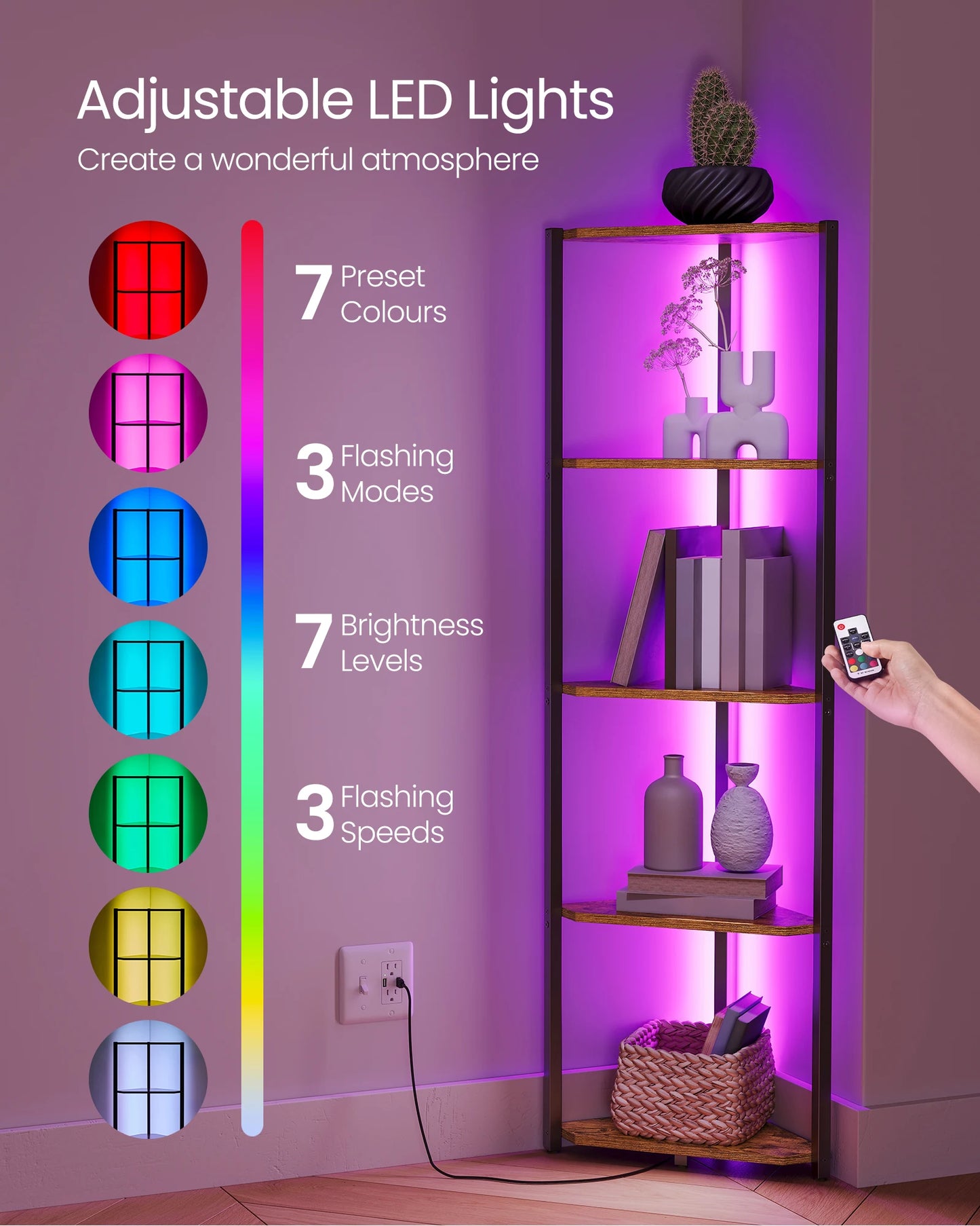 VASAGLE LED Corner Shelf – 5 Tier Industrial Bookcase with Remote Lighting