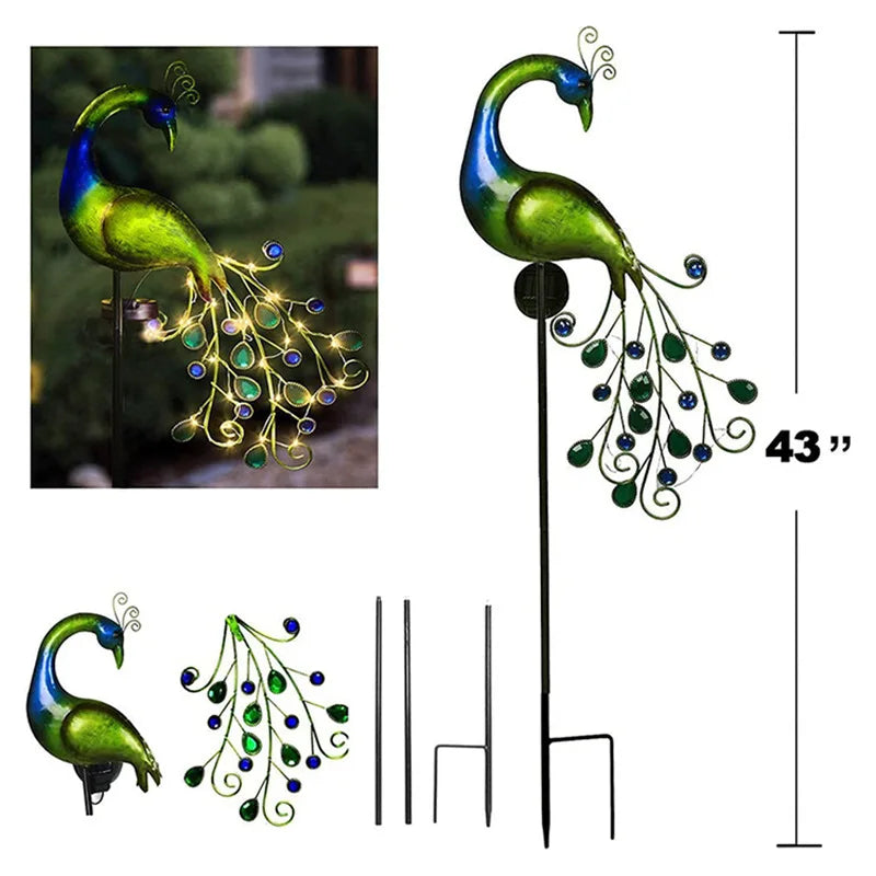 Decorative peacock garden stake with lights, shown with measurements and close-up details.