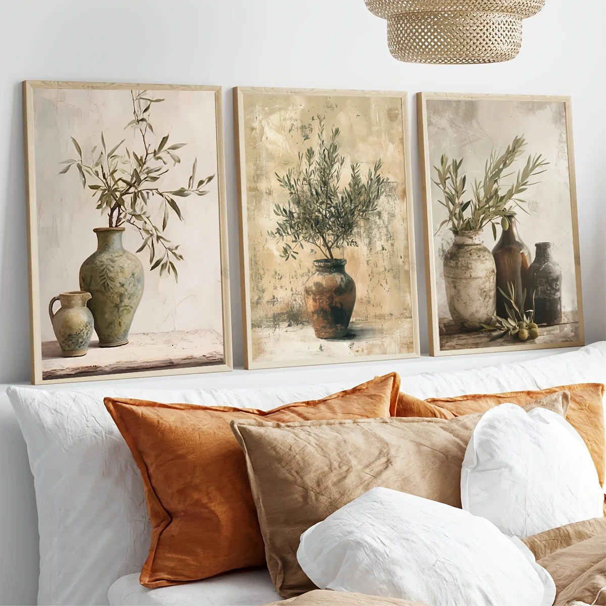 Three framed prints of vases with plants on a wall above a sofa with patterned cushions.
