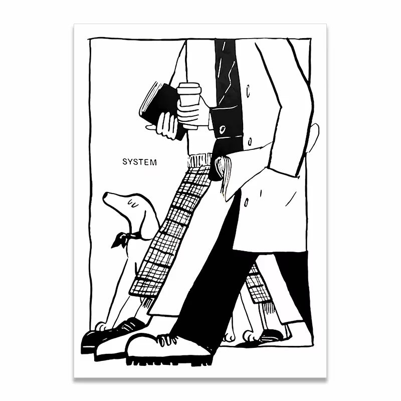 A black and white minimalist line art print featuring a person in a trench coat holding a coffee cup and notebook next to a dog, with the word 'SYSTEM' printed on the left side.