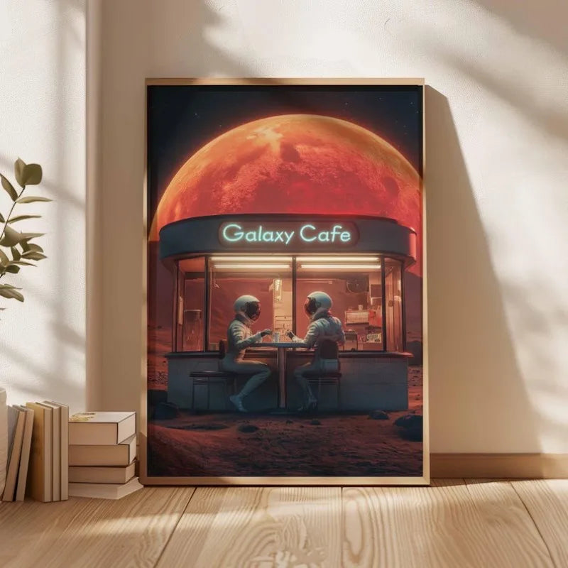 Framed artwork of 'Galaxy Cafe' with a red planet and astronauts, placed on a wooden floor.