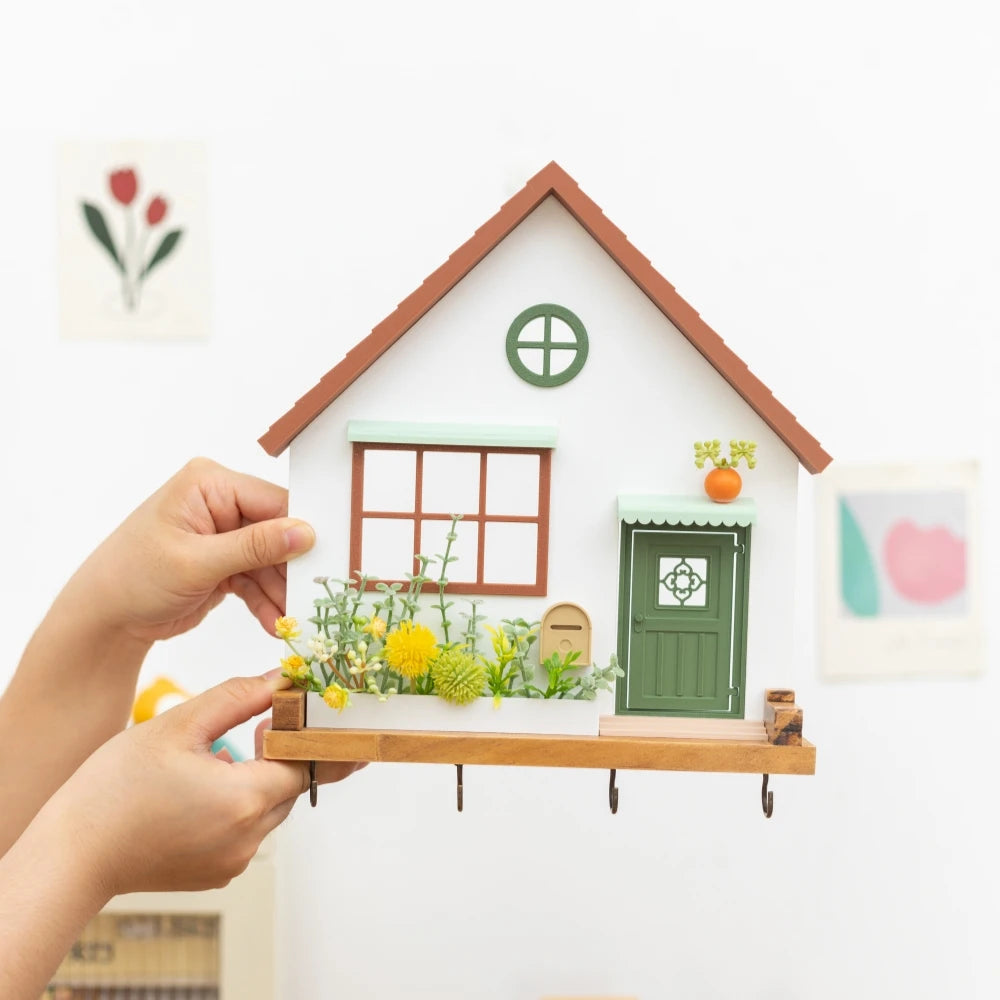 Cute Wooden House Key Hook Shelf – Decorative Wall Storage