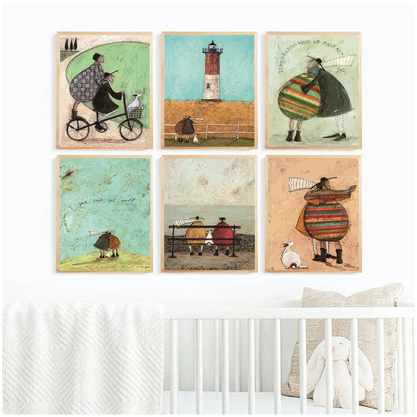 Set of six illustrated cards featuring characters and scenes on a white surface.