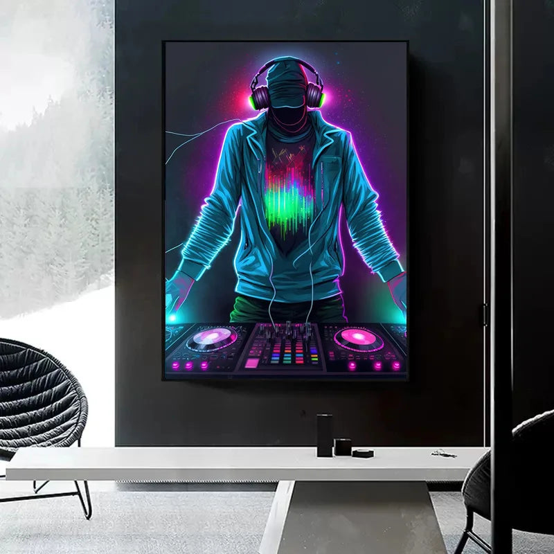Framed artwork of a DJ with neon colors in a modern room.