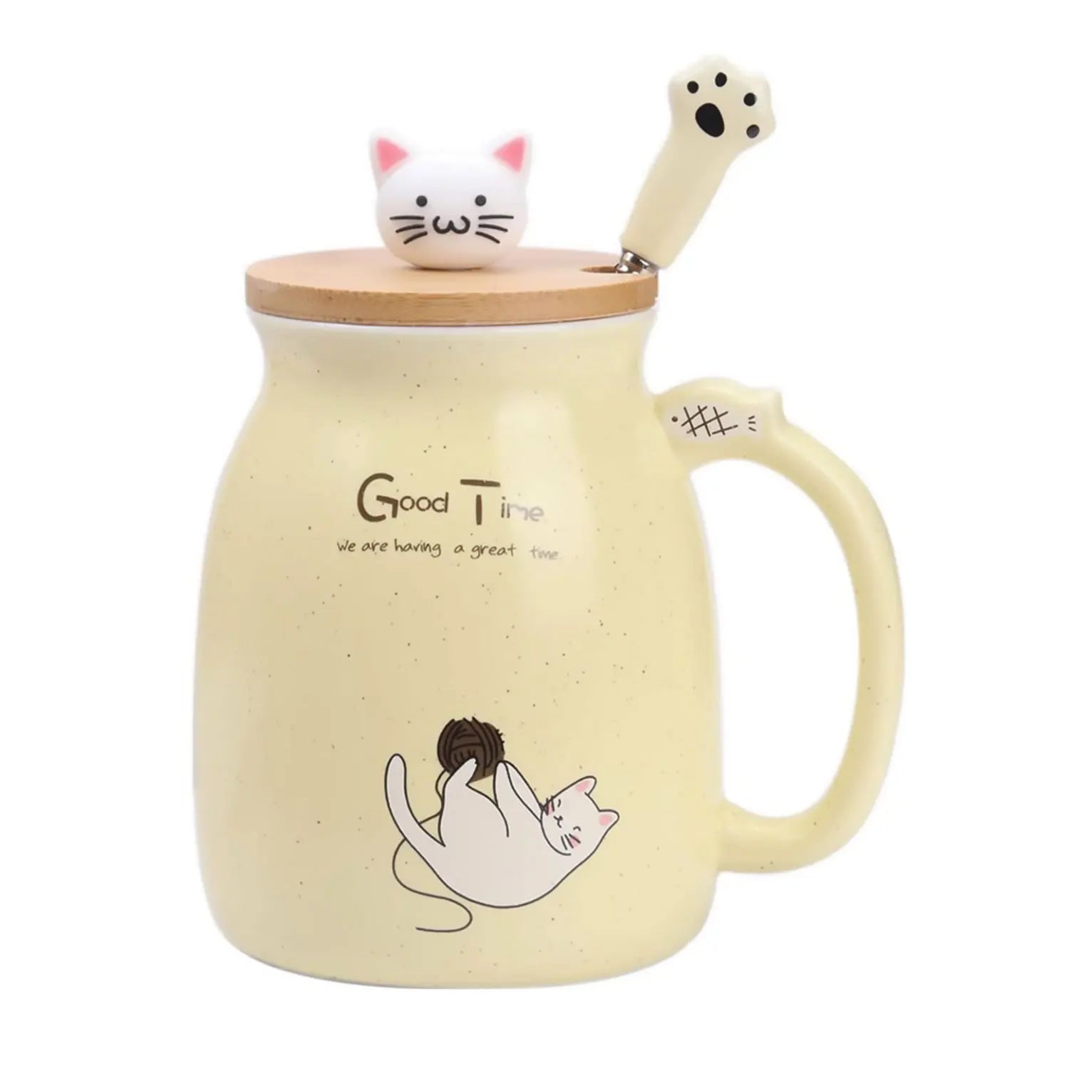 Kawaii pastel cat ceramic mug with wooden lid and cat spoon – Japanese style coffee cup
