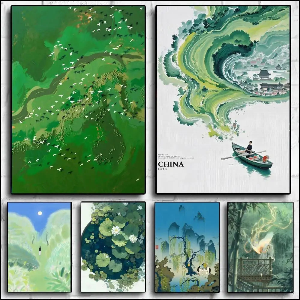 Green Jiangnan self-adhesive landscape art poster in modern Asian style for living room wall decor