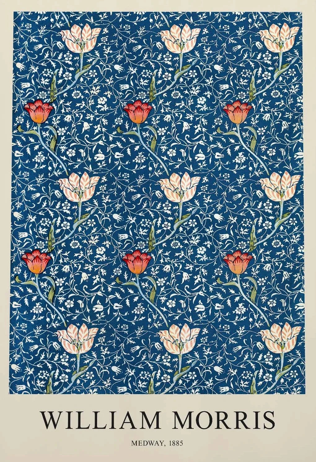 Floral pattern design by William Morris with text at the bottom