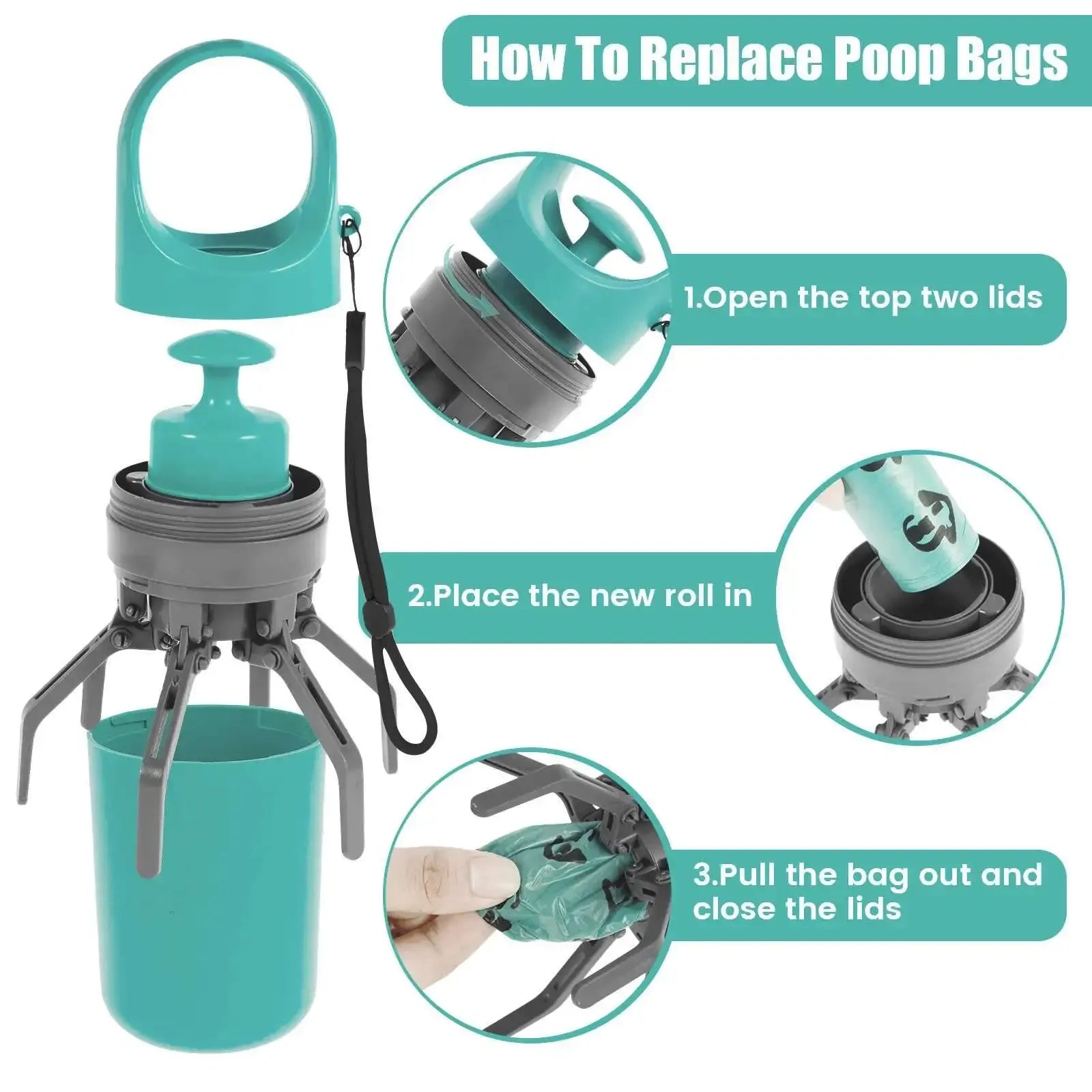 Teal and gray pet waste bag dispenser with step-by-step instructions on how to replace poop bags.