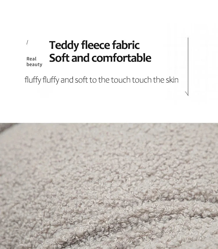 Close-up of teddy fleece fabric with text describing its softness and comfort.