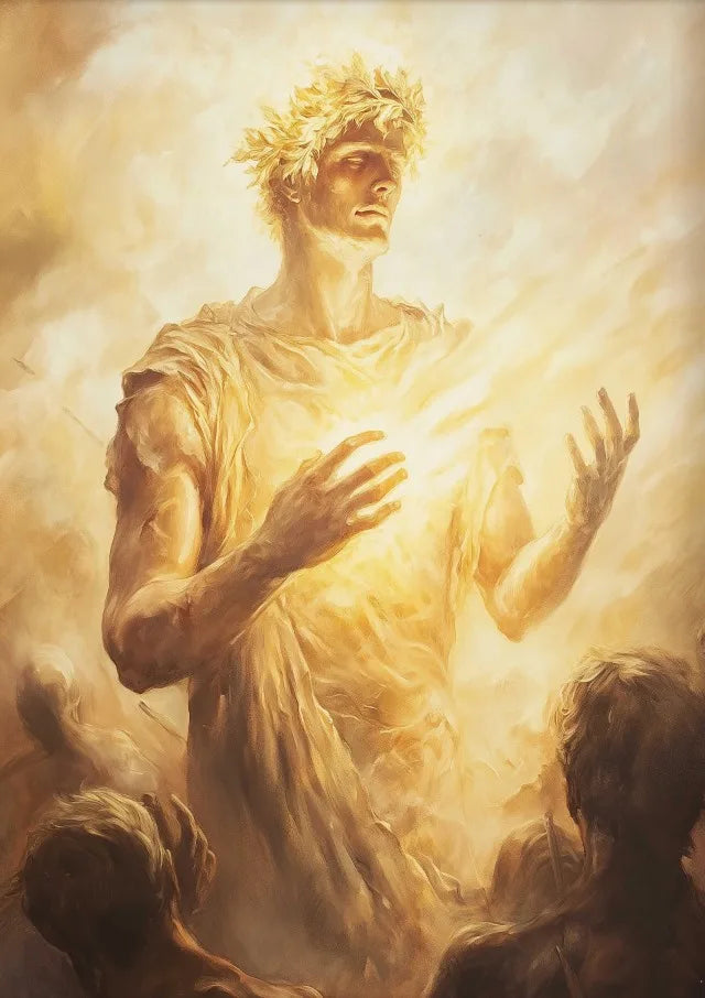 Figure in classical attire with a radiant glow, surrounded by a soft, warm light.